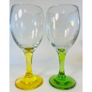 Set Of 2 Clear 8oz Glasses Stemware Goblet Yellow Green Stems Barware Wine decor